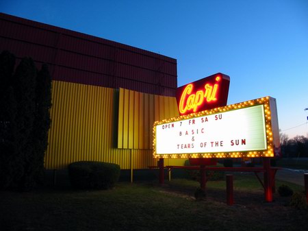 Capri Drive-In Theatre - MARQUEE AT NIGHT - PHOTO FROM WATER WINTER WONDERLAND